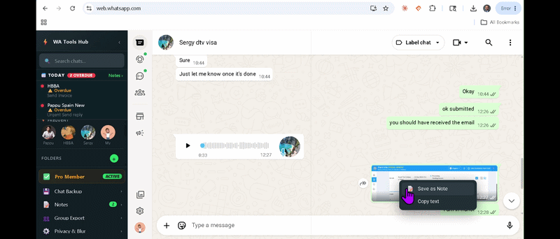 Saving a note on a WhatsApp message in WATools Hub