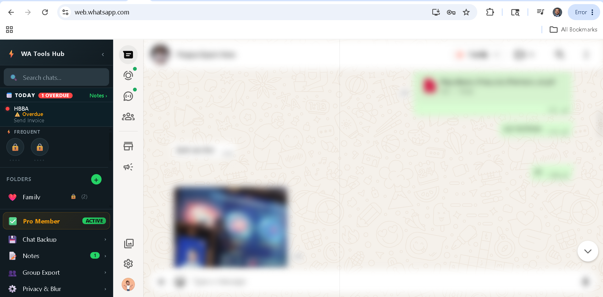 WhatsApp Web with WATools Hub privacy blur enabled