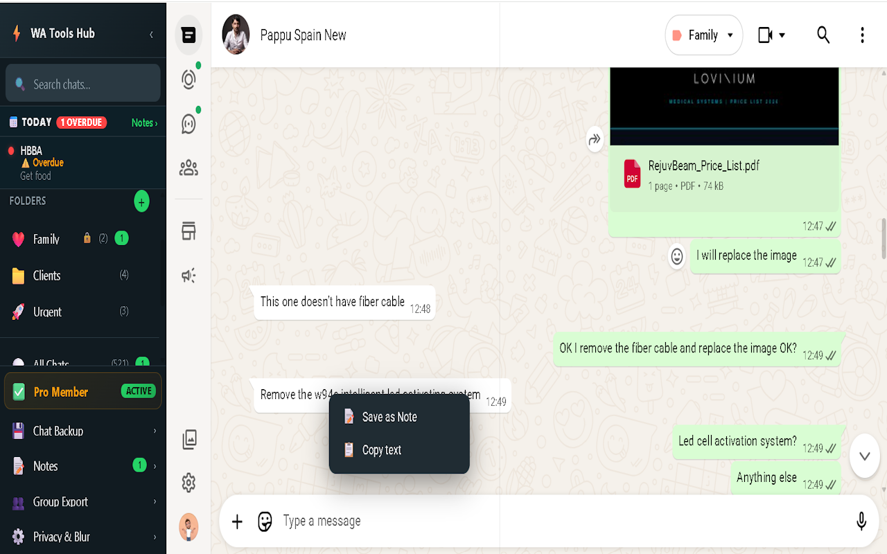 Right-click context menu with Save as Note option on a WhatsApp message