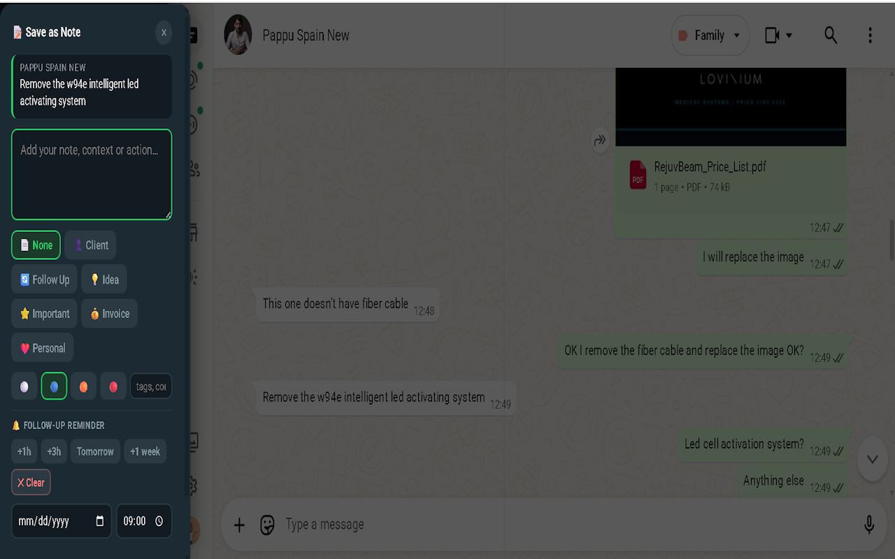 Save as Note modal with categories, priority, and reminder scheduling