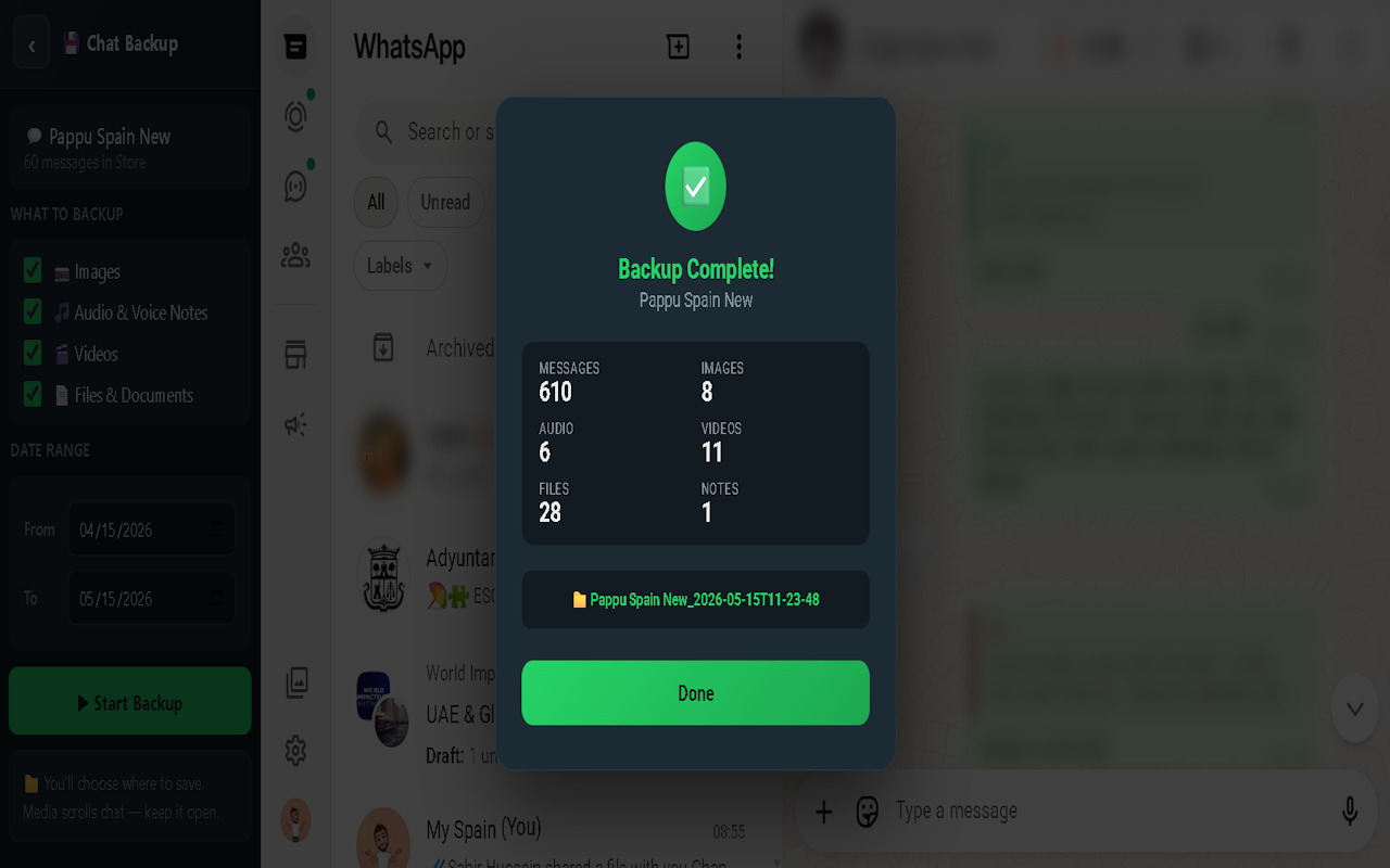 Chat Backup complete screen showing 610 messages, 8 images, 11 videos backed up